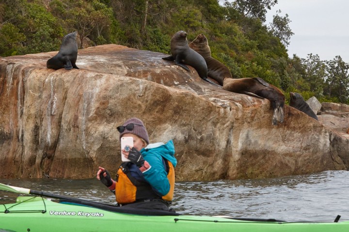 a man sitting on a rock next to water